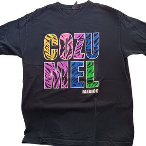 Cozumel Mexico Black T-Shirt With Colorful Animal Print Letters Caribbean L